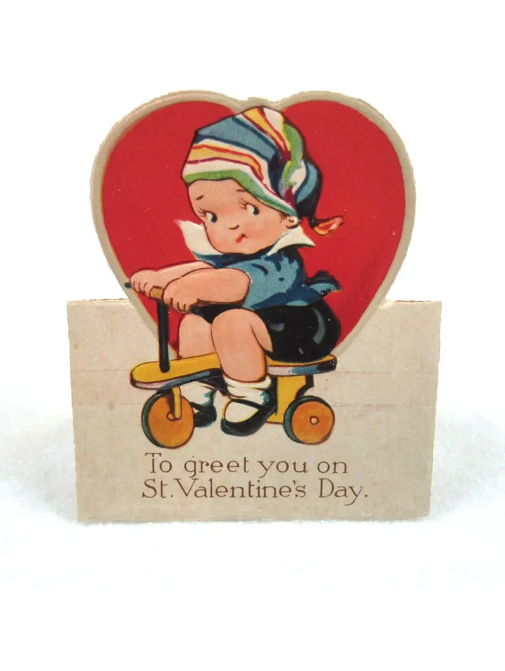 Vintage Valentine Card Cutout Stand Up Girl Riding Tricycle Bavaria UNSIGNED